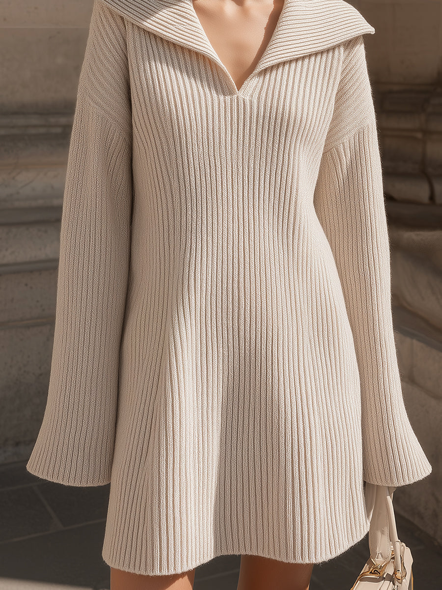 Beige Ribbed Knit Sweater Dress With Wide Collar
