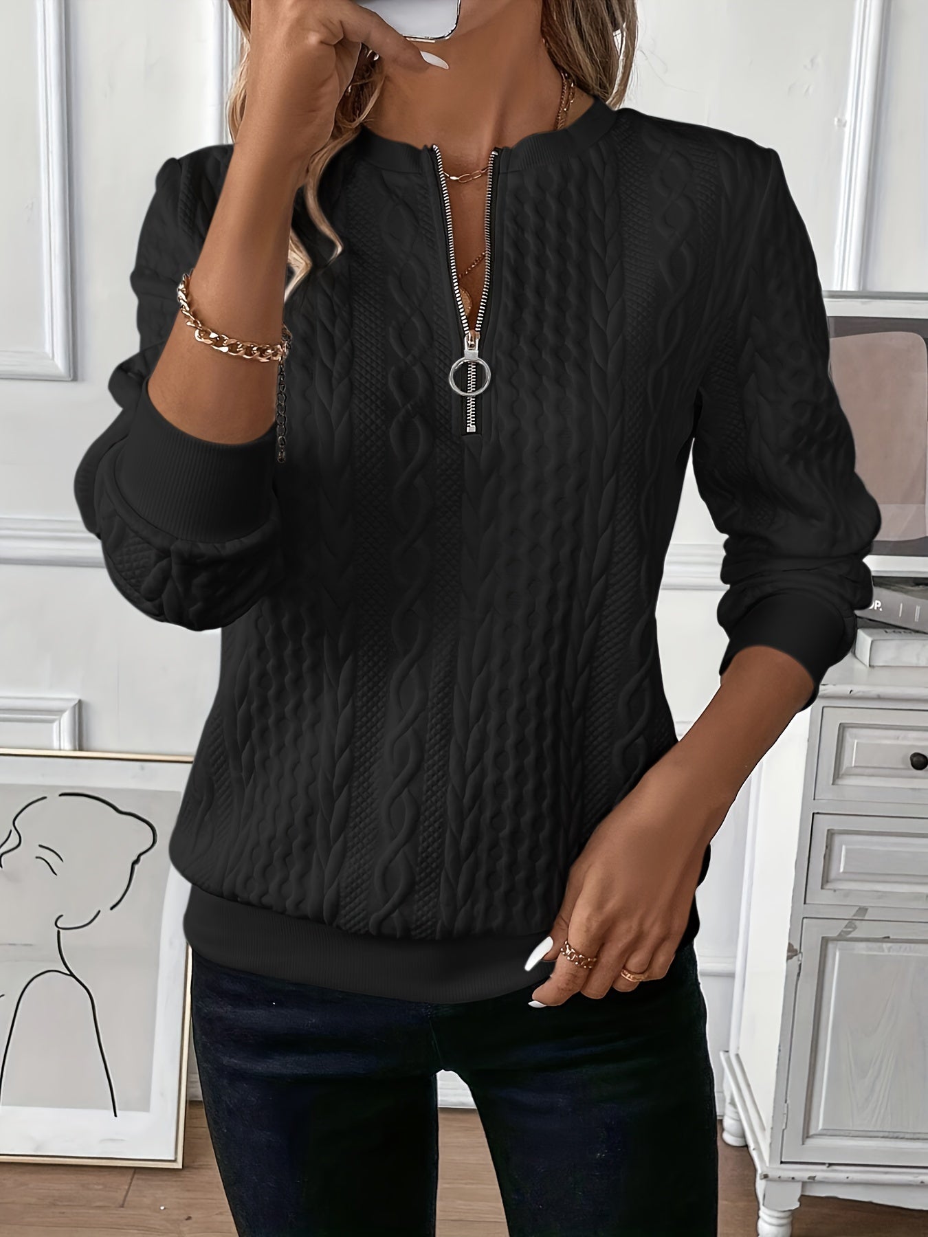 Women’s Elegant Knitted Jumper with Zip – Cozy Long Sleeve Sweater