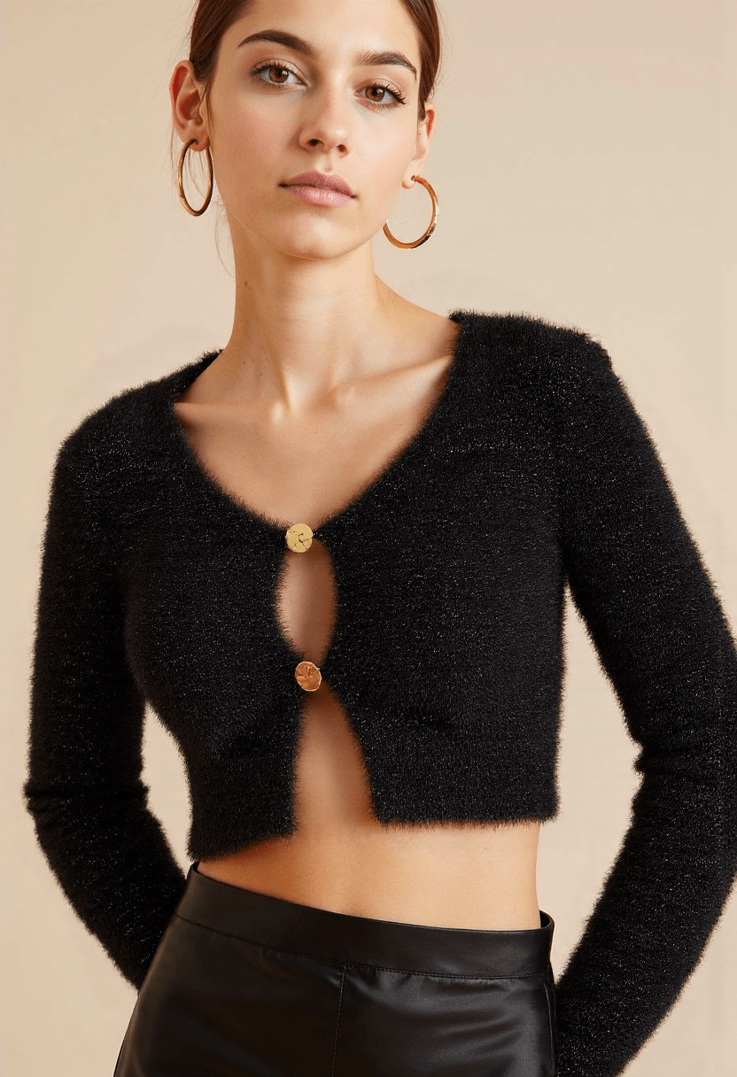 Damen Crop Cardigan – Fuzzy Material, Knopfleiste, Warm und Kuschelig - Chicquemoda XS Chicquemoda Pullover und Strickjacken Damen Crop Cardigan – Fuzzy Material, Knopfleiste, Warm und Kuschelig