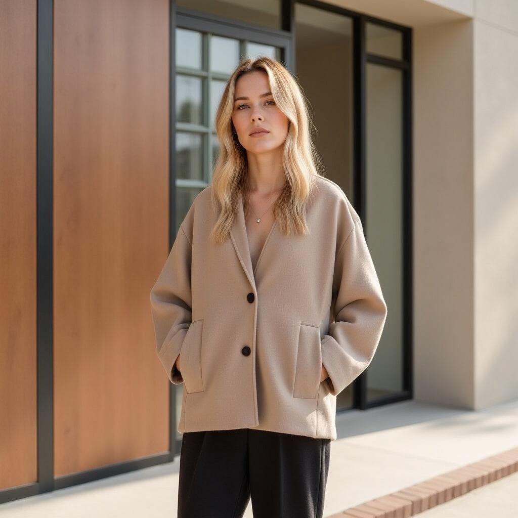 Damen Wolljacke – V-Ausschnitt, Elegant & Warm © 2025 Chicquemoda-Fotoshoot 2