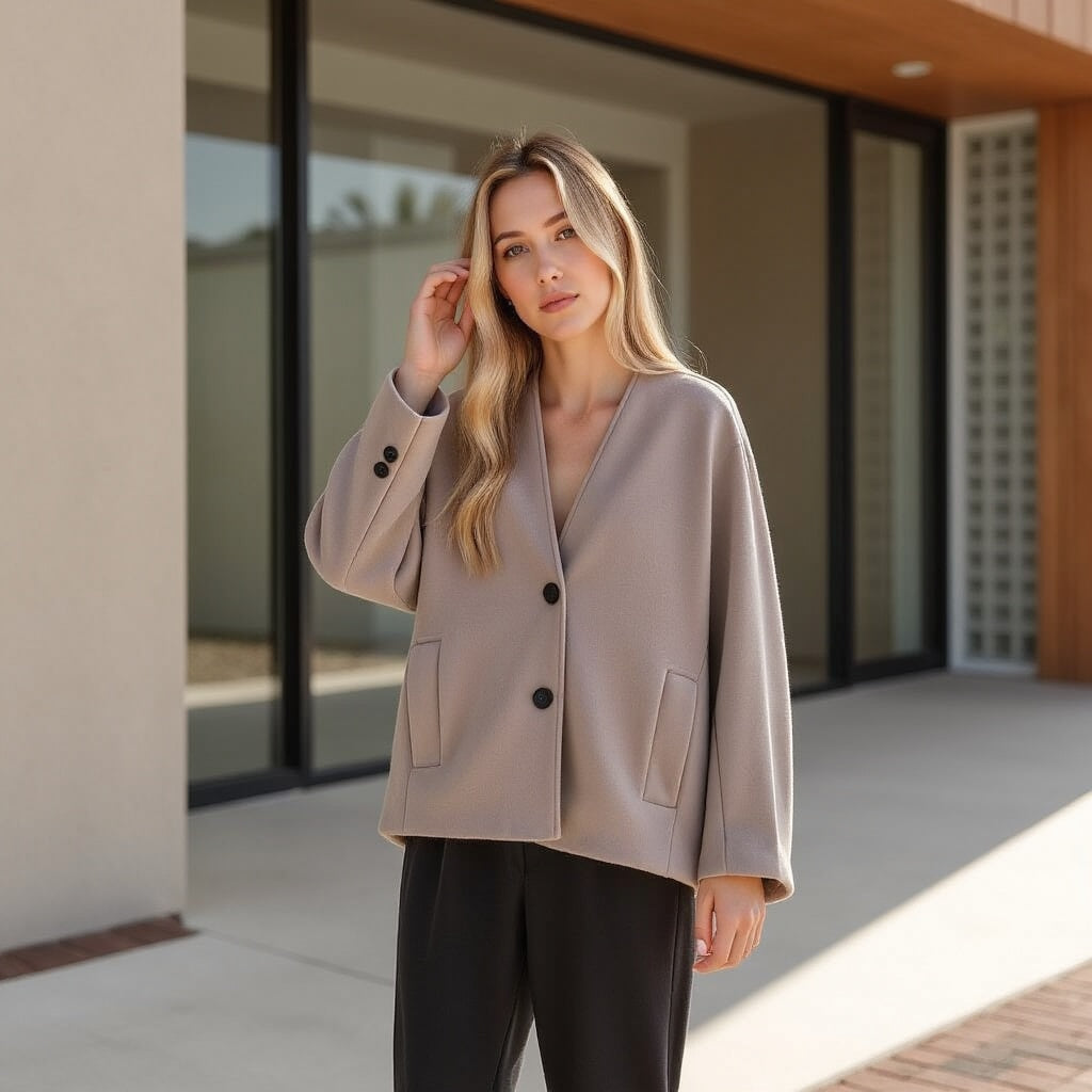 Damen Wolljacke – V-Ausschnitt, Elegant & Warm © 2025 Chicquemoda-Fotoshoot 3