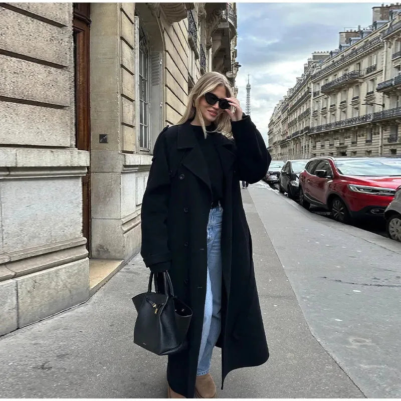 Women’s Classic Long Black Coat | High-End Autumn & Winter Outerwear
