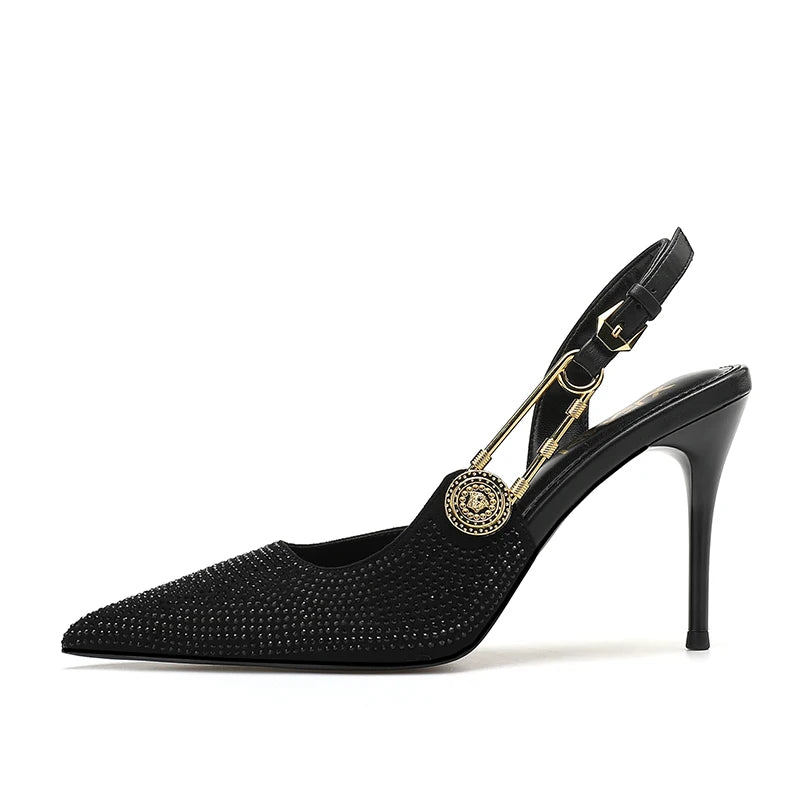 Women's Black Heels Synthetic with Rhinestones 5