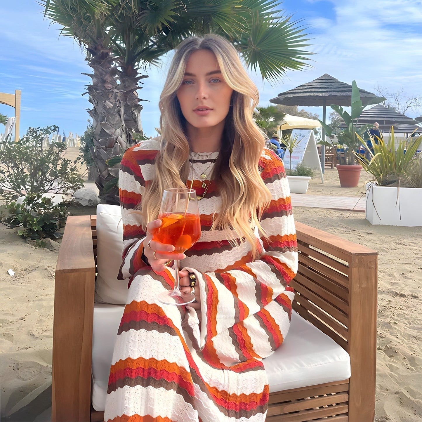 Women's Red Striped Maxi Dress Cotton Summer 4