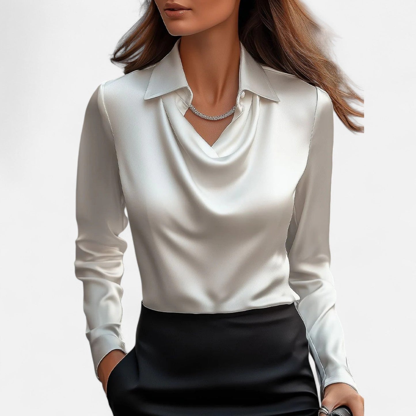 Women's Blouse Satin Long Sleeve Top with Draped Neckline 9