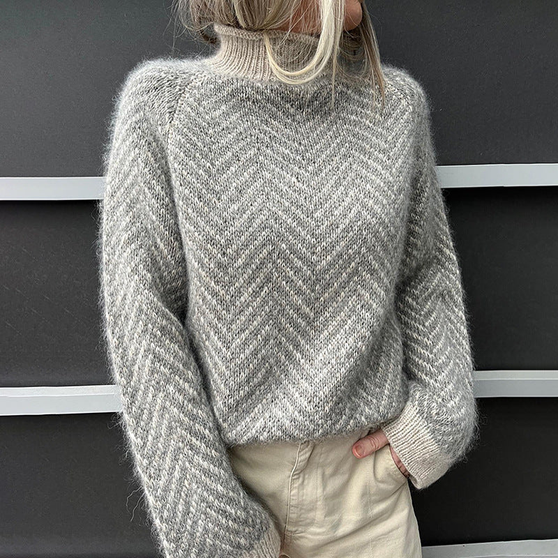 Women's Turtleneck Sweater Acrylic Herringbone Pattern 0