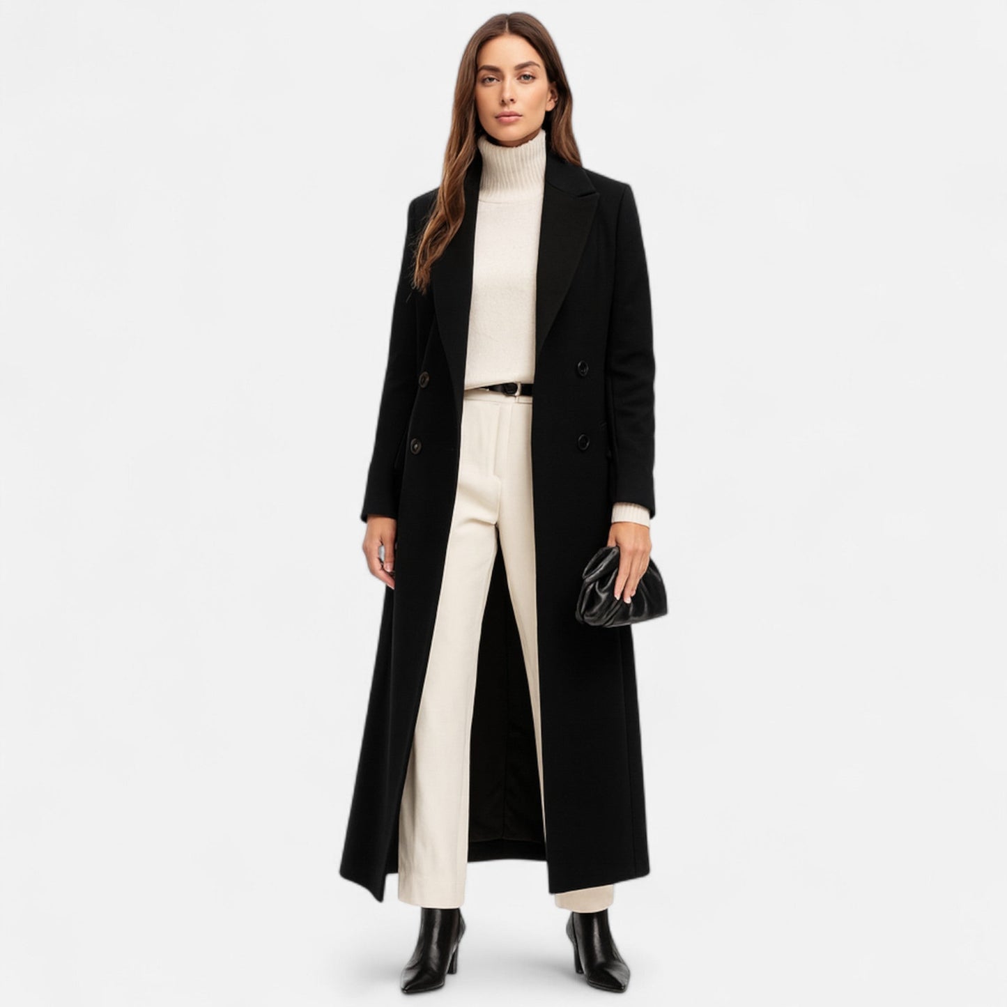 Women’s Black Maxi Overcoat – Longline Tailored Outerwear for All-Season Elegance