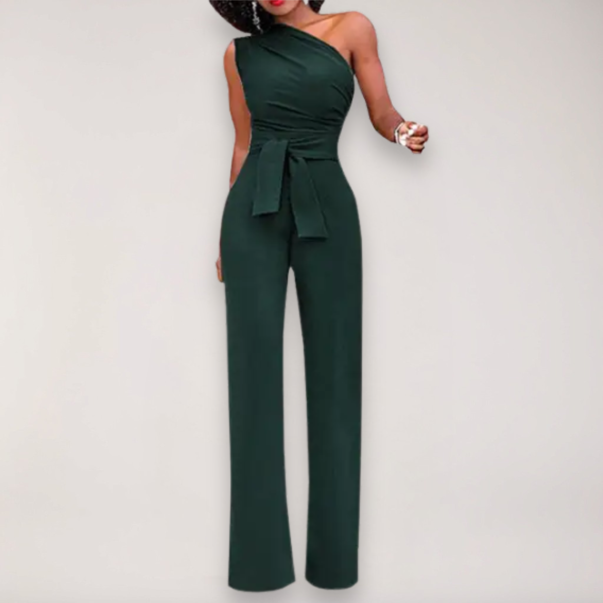 Women’s One Shoulder Jumpsuit – Draped Fit with Tie Waist Detail
