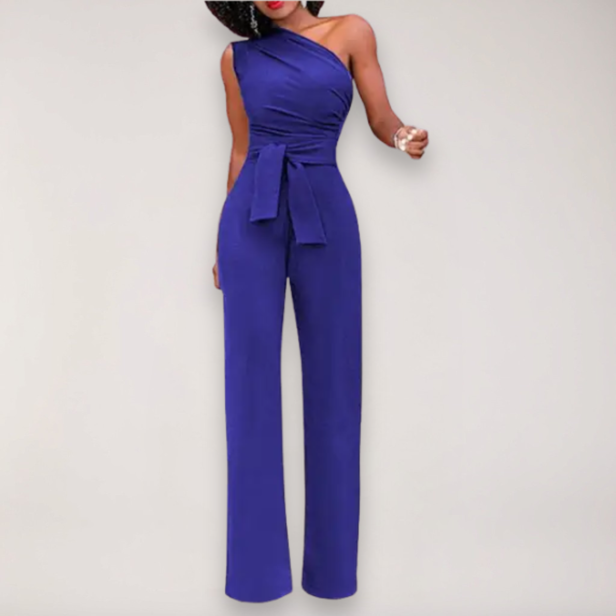 Women’s One Shoulder Jumpsuit – Draped Fit with Tie Waist Detail