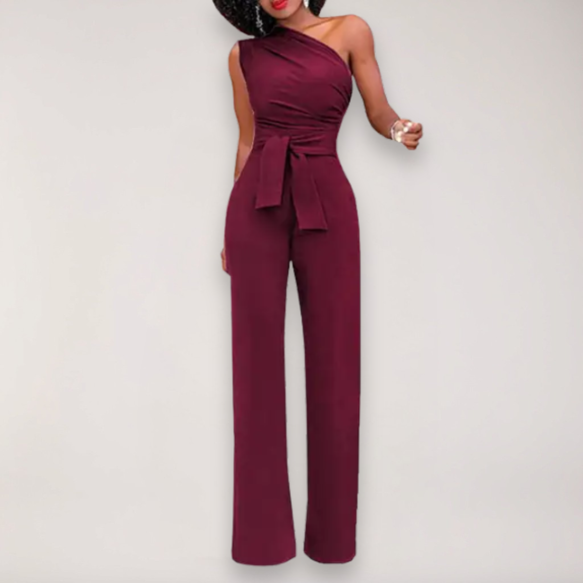 Women’s One Shoulder Jumpsuit – Draped Fit with Tie Waist Detail