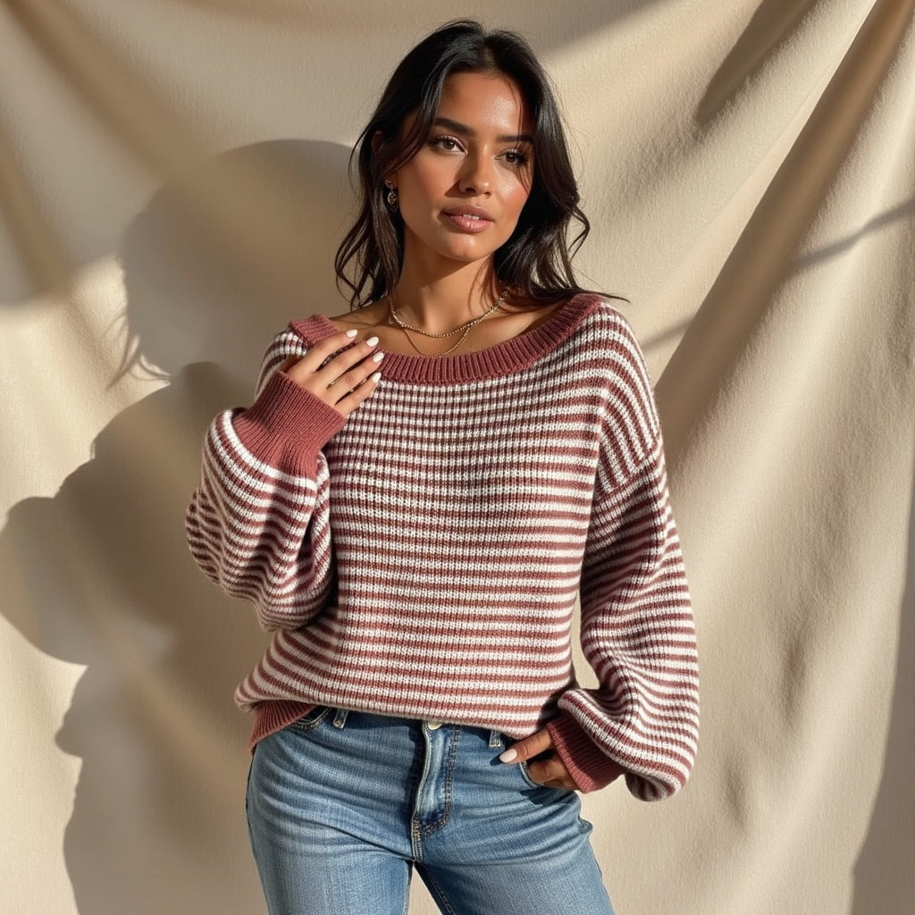 Striped Off-Shoulder Knit Sweater – Casual, Cozy & Perfect for Layering