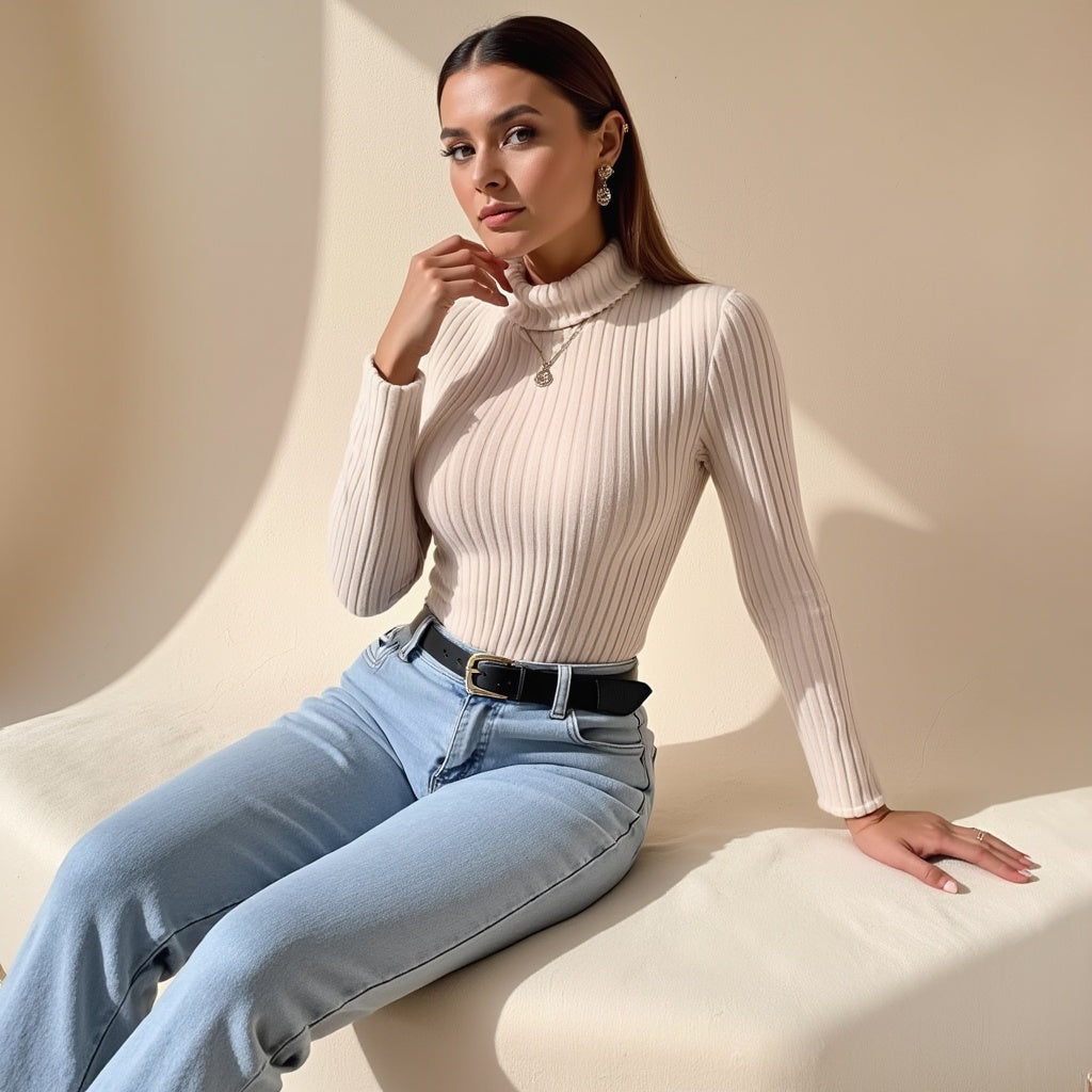 Ribbed Turtleneck Knit Top – Elegant, Slim-Fit & Perfect for Autumn/Winter