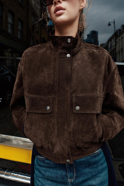 Elegant Suede Leather Bomber Jacket for Women | Classic Autumn & Winter Outerwear