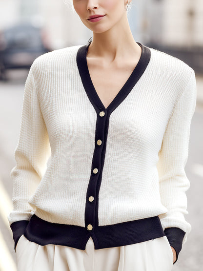 Women’s White Knit Cardigan with Black Contrast Trim | Elegant Autumn & Winter