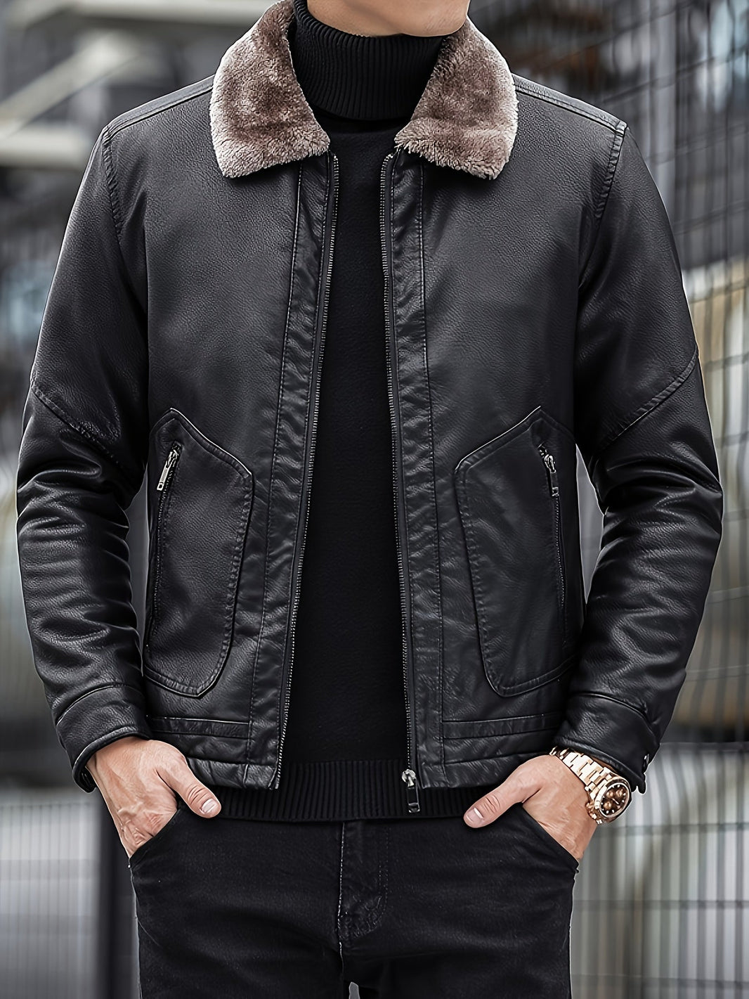 Casual Fleece Lined PU Jacket with Chic Zipper Pocket for Men | Ideal for Winter