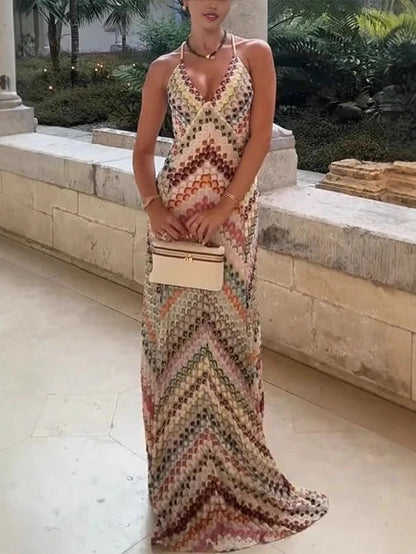 Women's Maxi Dress Knit with Colorful Herringbone Print