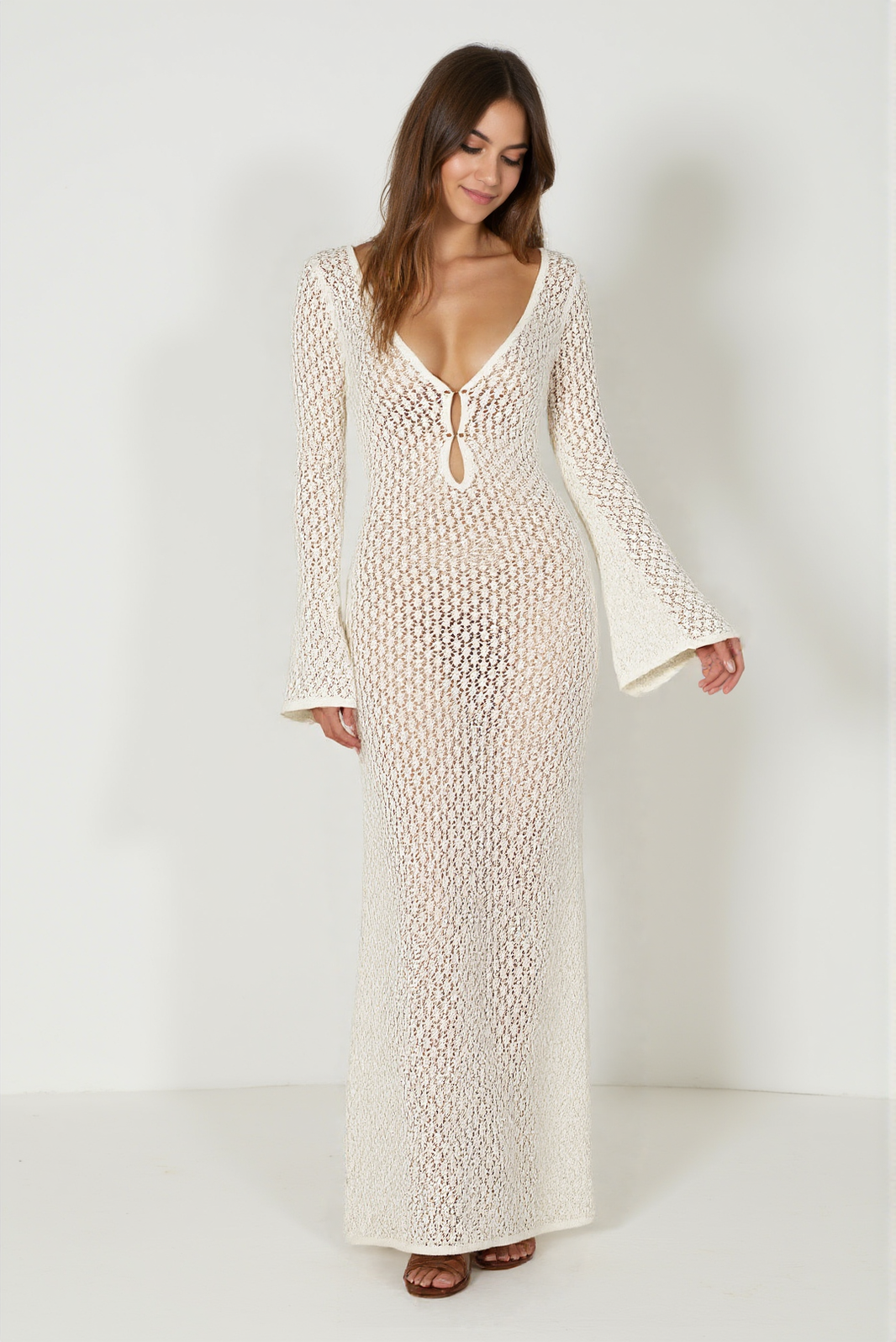 Women's White Maxi Dress Acrylic Cotton with Trumpet Sleeves 1
