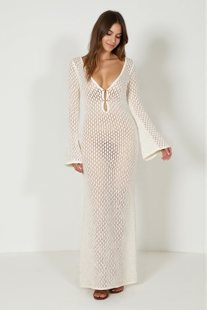 Women's White Maxi Dress Acrylic Cotton with Trumpet Sleeves 1