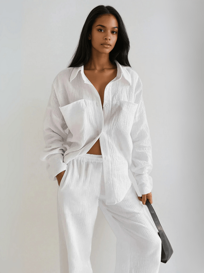Men's Cotton Button-Up Shirt and Wide Leg Pants Set 1