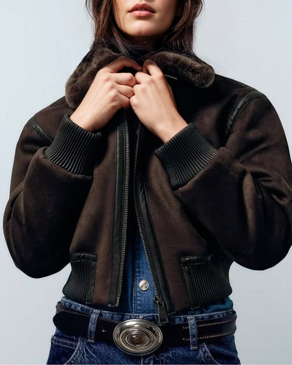 Women’s Suede Bomber Jacket – Stylish & Timeless