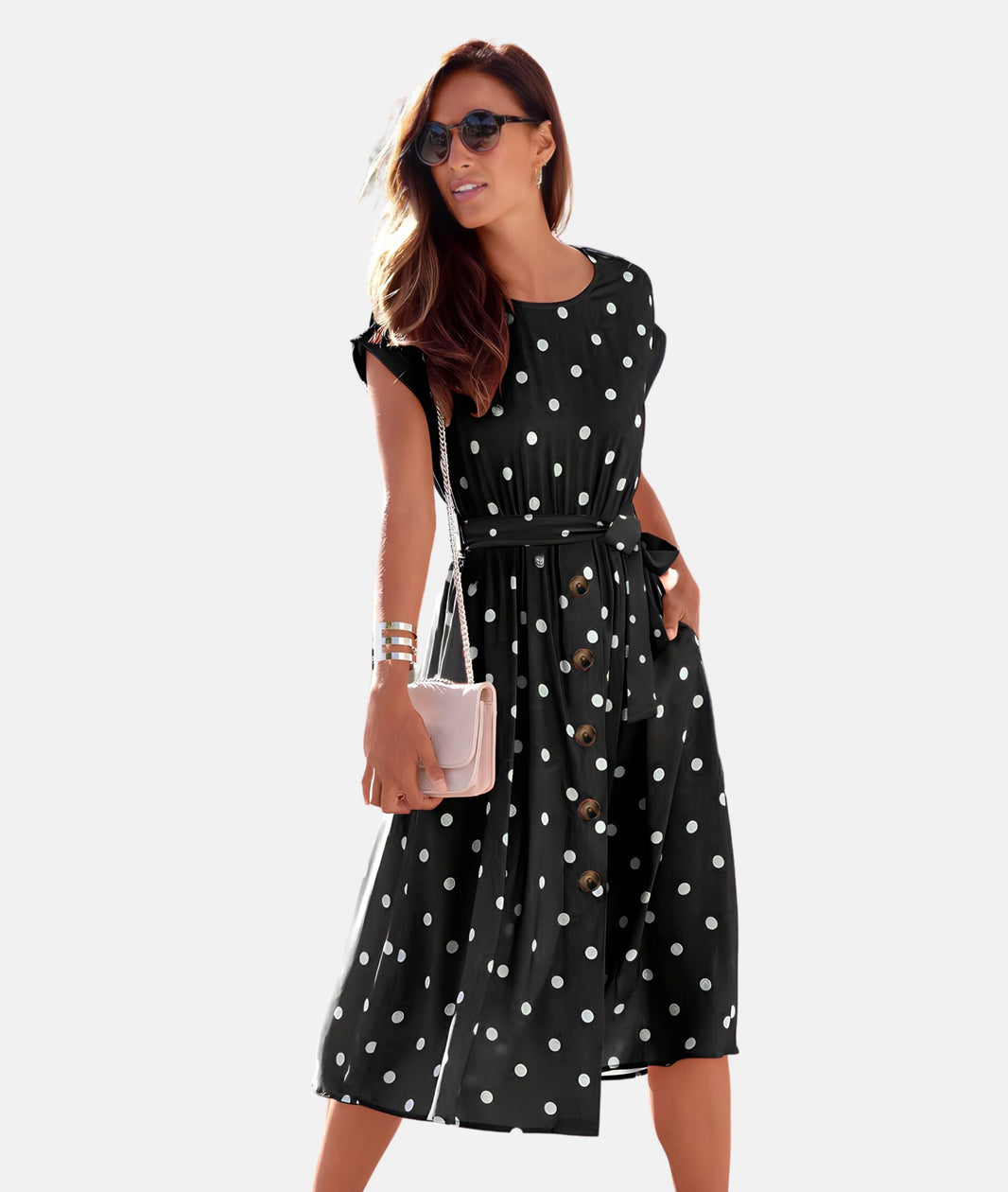Women's - Belt Dress With Dots - Chic - Timeless Style - Formal Occasions