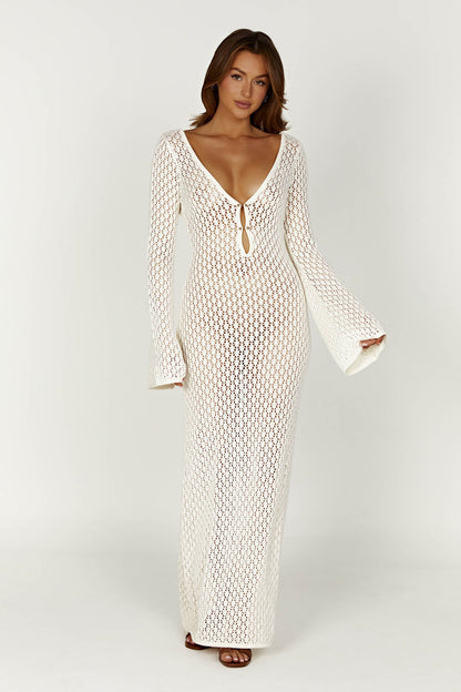 Women's White Maxi Dress Acrylic Cotton with Trumpet Sleeves 8