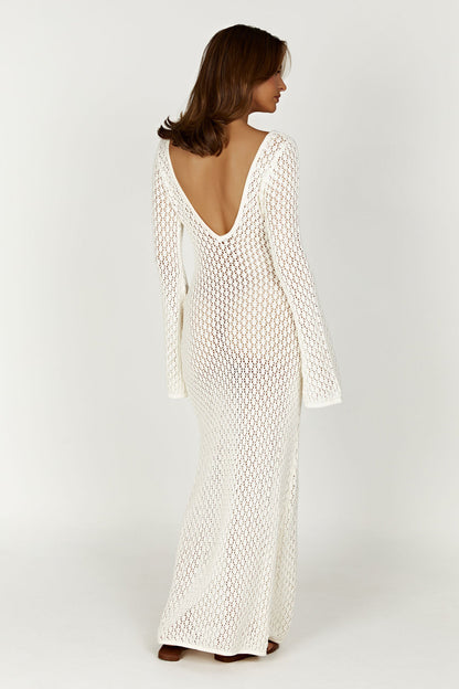 Women's White Maxi Dress Acrylic Cotton with Trumpet Sleeves 6