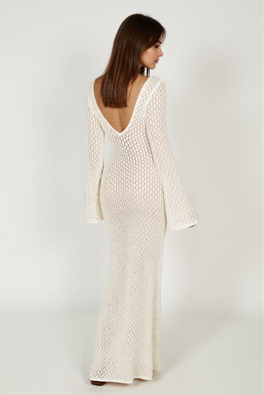 Women's White Maxi Dress Acrylic Cotton with Trumpet Sleeves 7