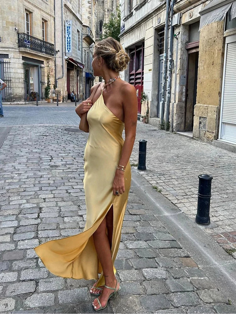Women's Satin Maxi Dress Open Back Elegant 1