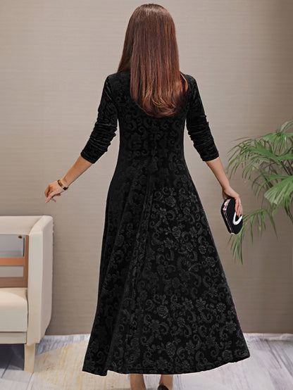 Stylish cotton Plus Size Floral Pattern Velvet V-Neck Long Sleeve Formal Dress for Women | Ideal for Autumn