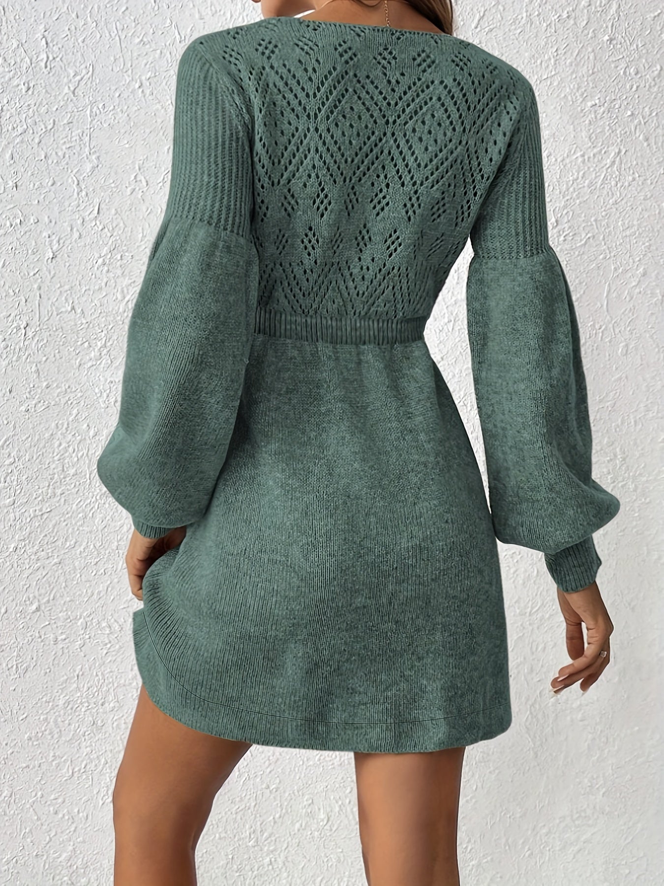 Casual Eyelet Solid Color Knit Lantern Sleeve A-Line Cinched Waist Formal Dress for Women | Ideal for All Seasons