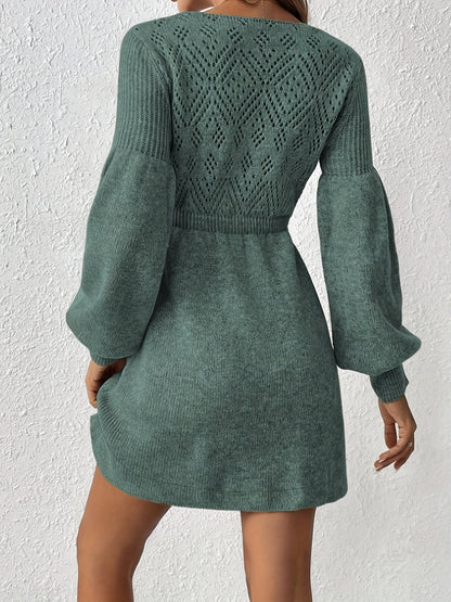 Casual Eyelet Solid Color Knit Lantern Sleeve A-Line Cinched Waist Formal Dress for Women | Ideal for All Seasons