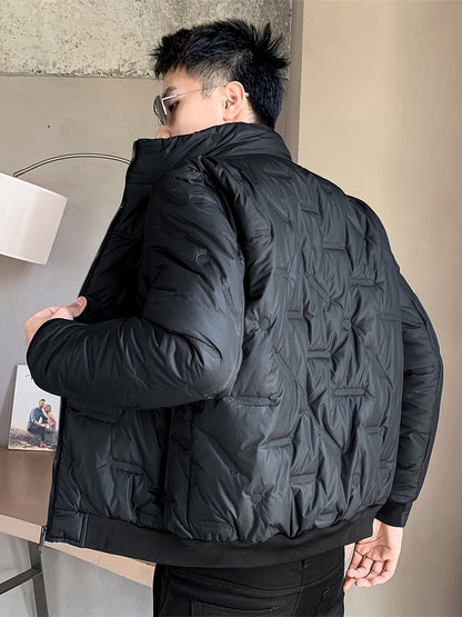 Casual Black Cotton Winter Jacket With Stand Collar And Zipper For Men | Ideal for Winter