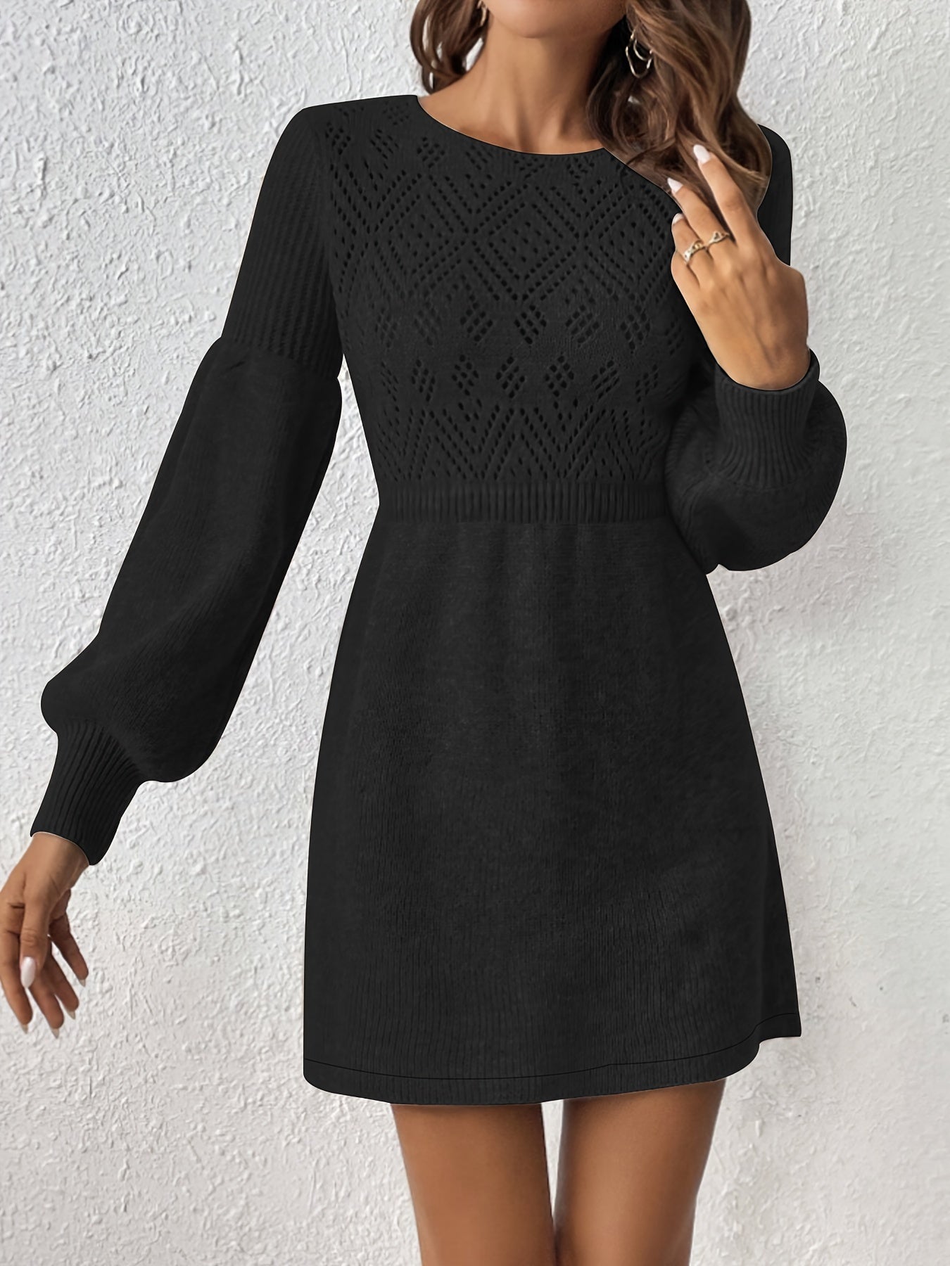 Casual Eyelet Solid Color Knit Lantern Sleeve A-Line Cinched Waist Formal Dress for Women | Ideal for All Seasons