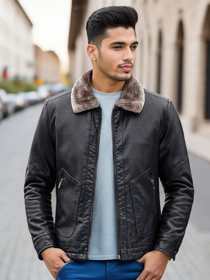 Casual Fleece Lined PU Jacket with Chic Zipper Pocket for Men | Ideal for Winter
