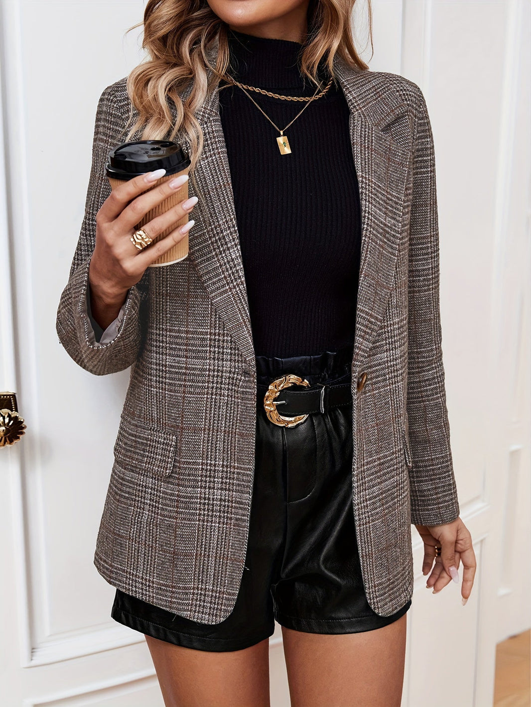 Women's Elegant Long Business Blazer with Grid Pattern and Notched Lapel | Ideal for All Seasons
