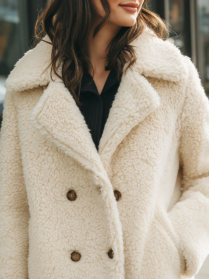 Women’s Cozy Double-Breasted Faux Shearling Coat – Warm Winter Outerwear