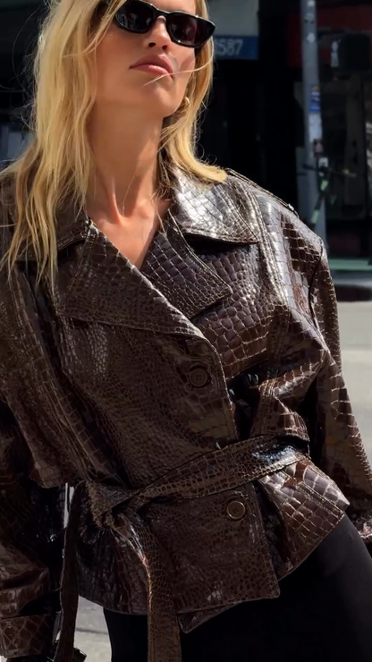 Elegant Women’s Brown Croc-Embossed Leather Jacket | Stylish Autumn & Winter Outerwear