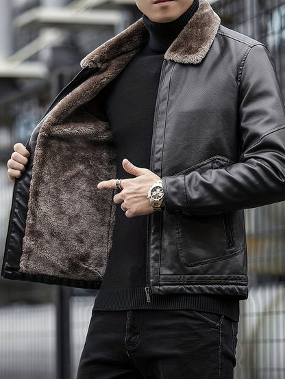 Casual Fleece Lined PU Jacket with Chic Zipper Pocket for Men | Ideal for Winter