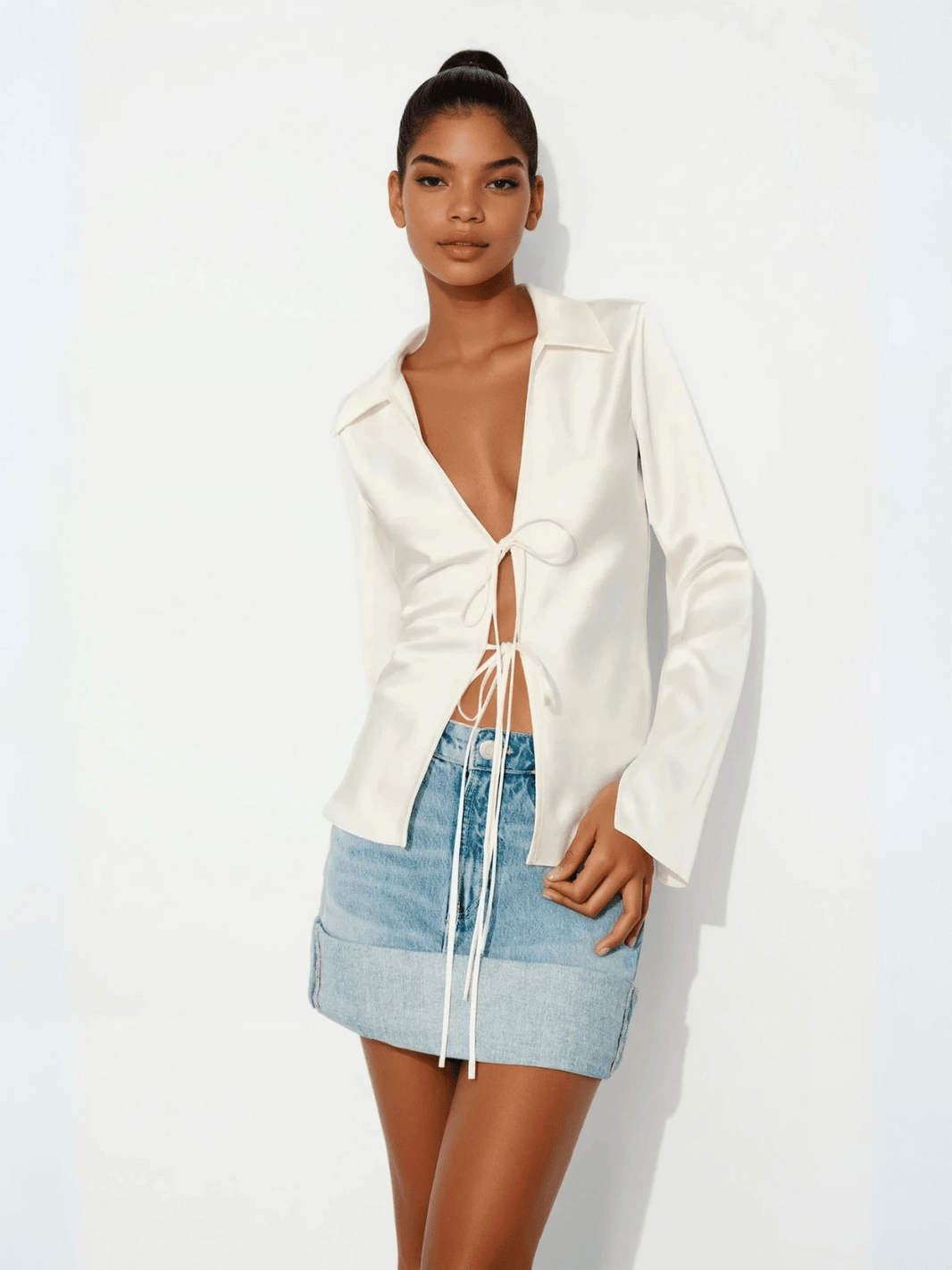 Women's Satin Blouse with Front-Tie Detail 1