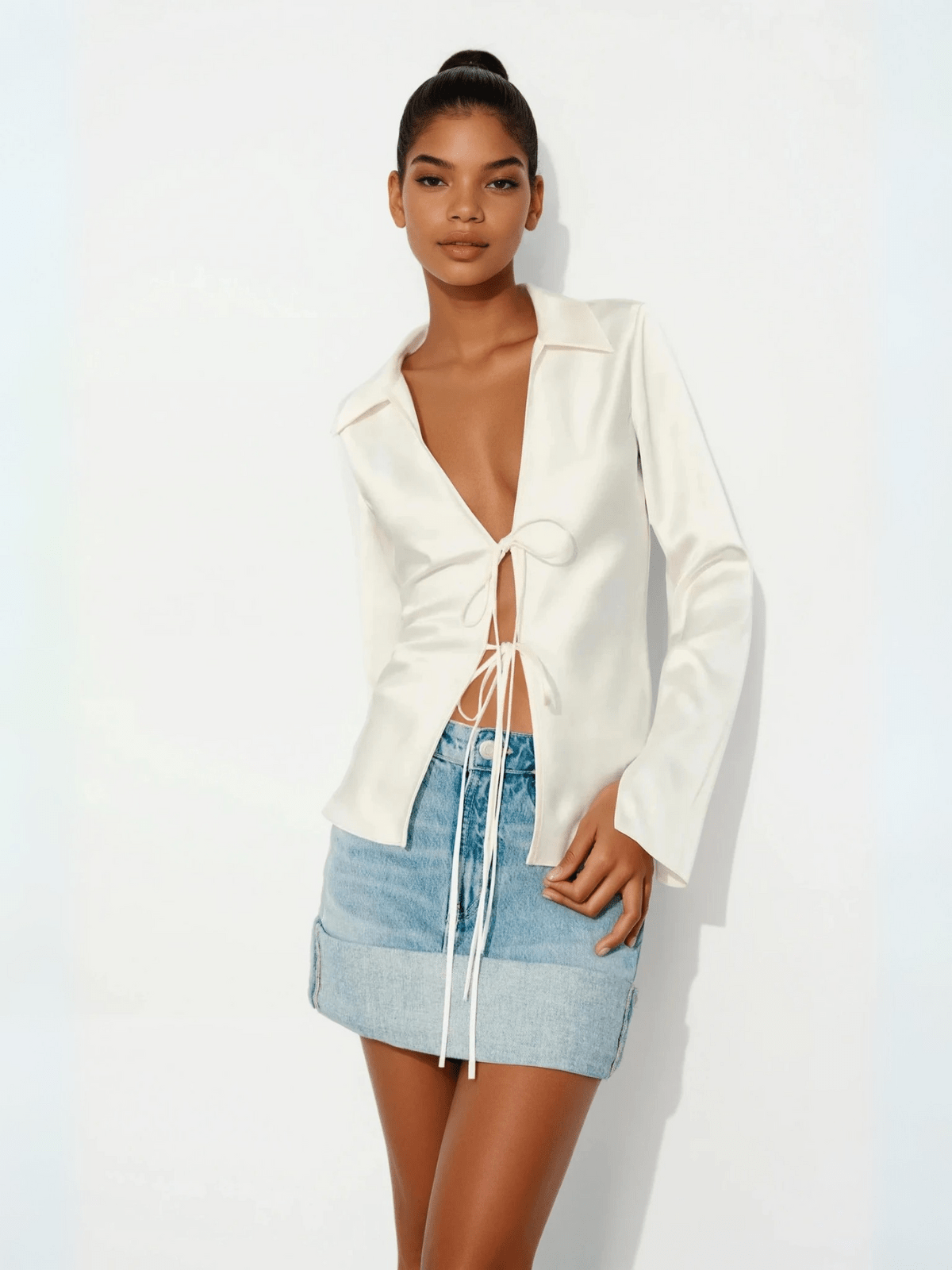 Women's Satin Blouse with Front-Tie Detail 1
