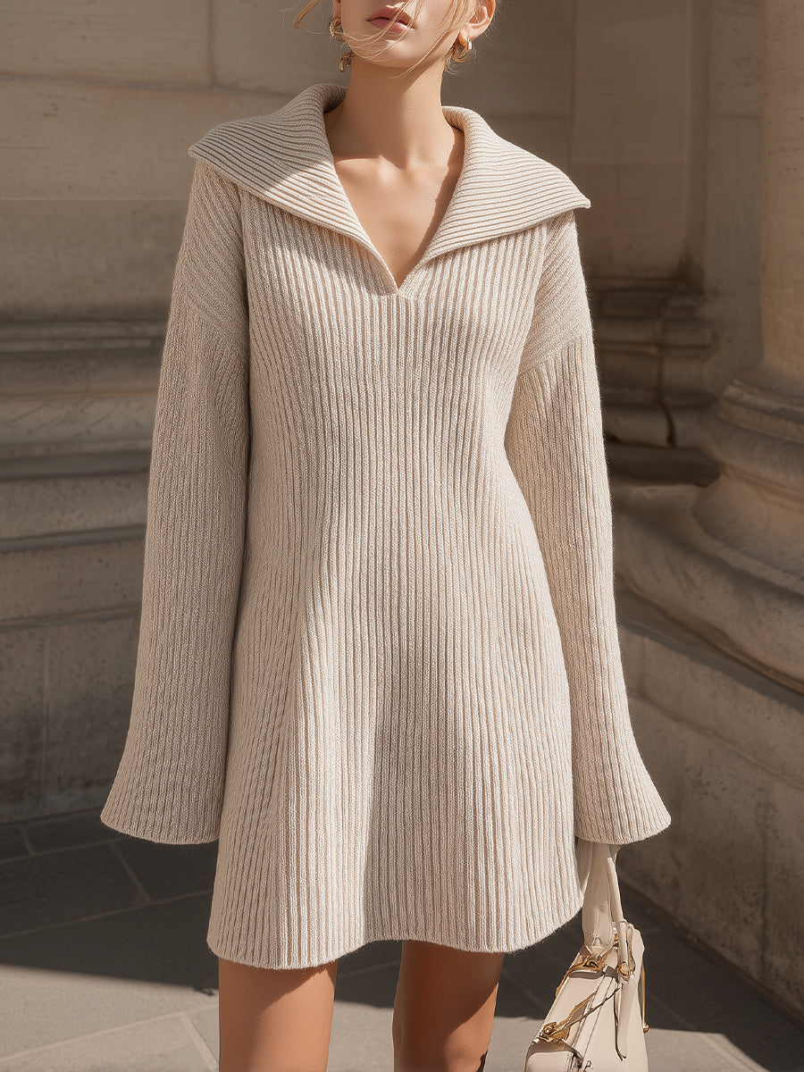 Beige Ribbed Knit Sweater Dress With Wide Collar