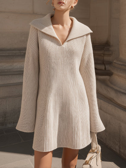 Beige Ribbed Knit Sweater Dress With Wide Collar