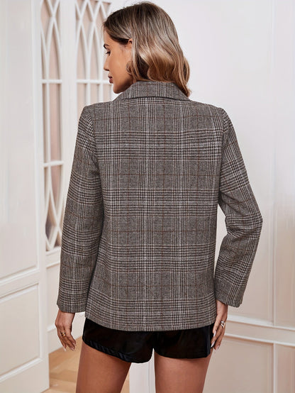 Women's Elegant Long Business Blazer with Grid Pattern and Notched Lapel | Ideal for All Seasons