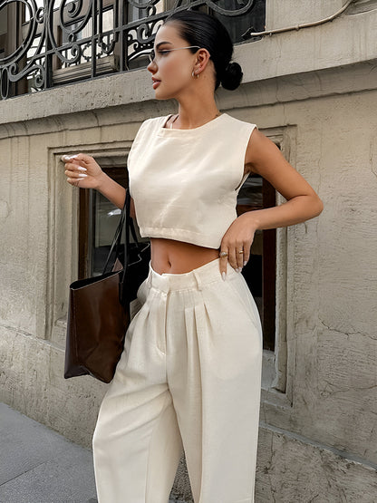 Women's Cotton Linen Set Round Neck Breathable 4