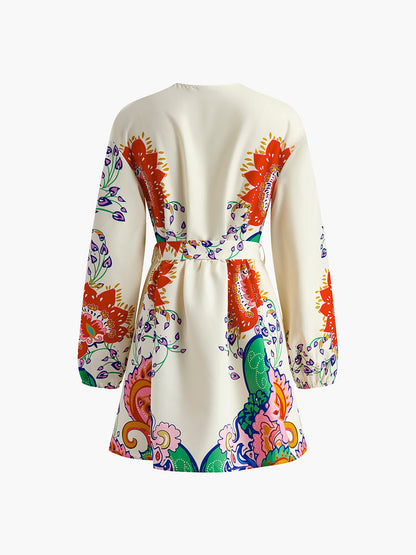 Women's Short Dress Printed V-Neck Lantern Sleeve 3