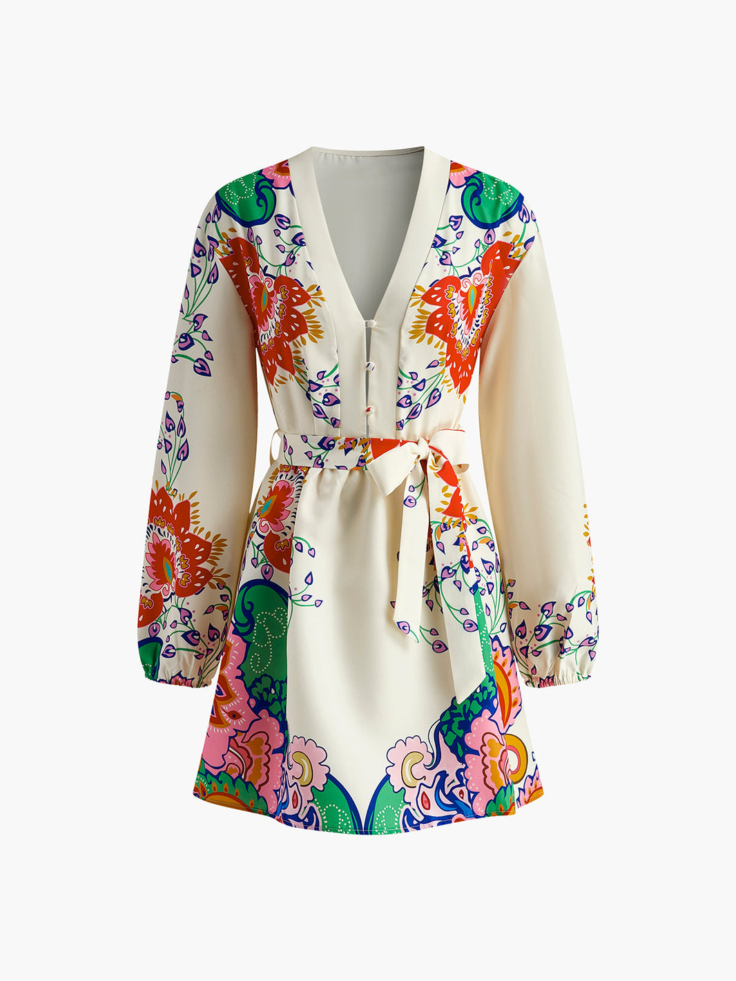 Women's Short Dress Printed V-Neck Lantern Sleeve 1