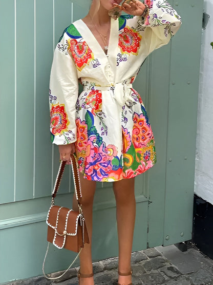 Women's Short Dress Printed V-Neck Lantern Sleeve 2