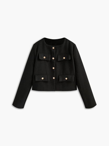Damen Tweed-Blazer – Goldene Knöpfe, Figurbetont, Elegant - Chicquemoda Schwarz / XS Chicquemoda Damenblazer Damen Tweed-Blazer – Goldene Knöpfe, Figurbetont, Elegant