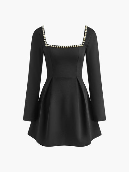 Women's Cocktail Dress with Pearl Embellishments and Elegant Collar 2